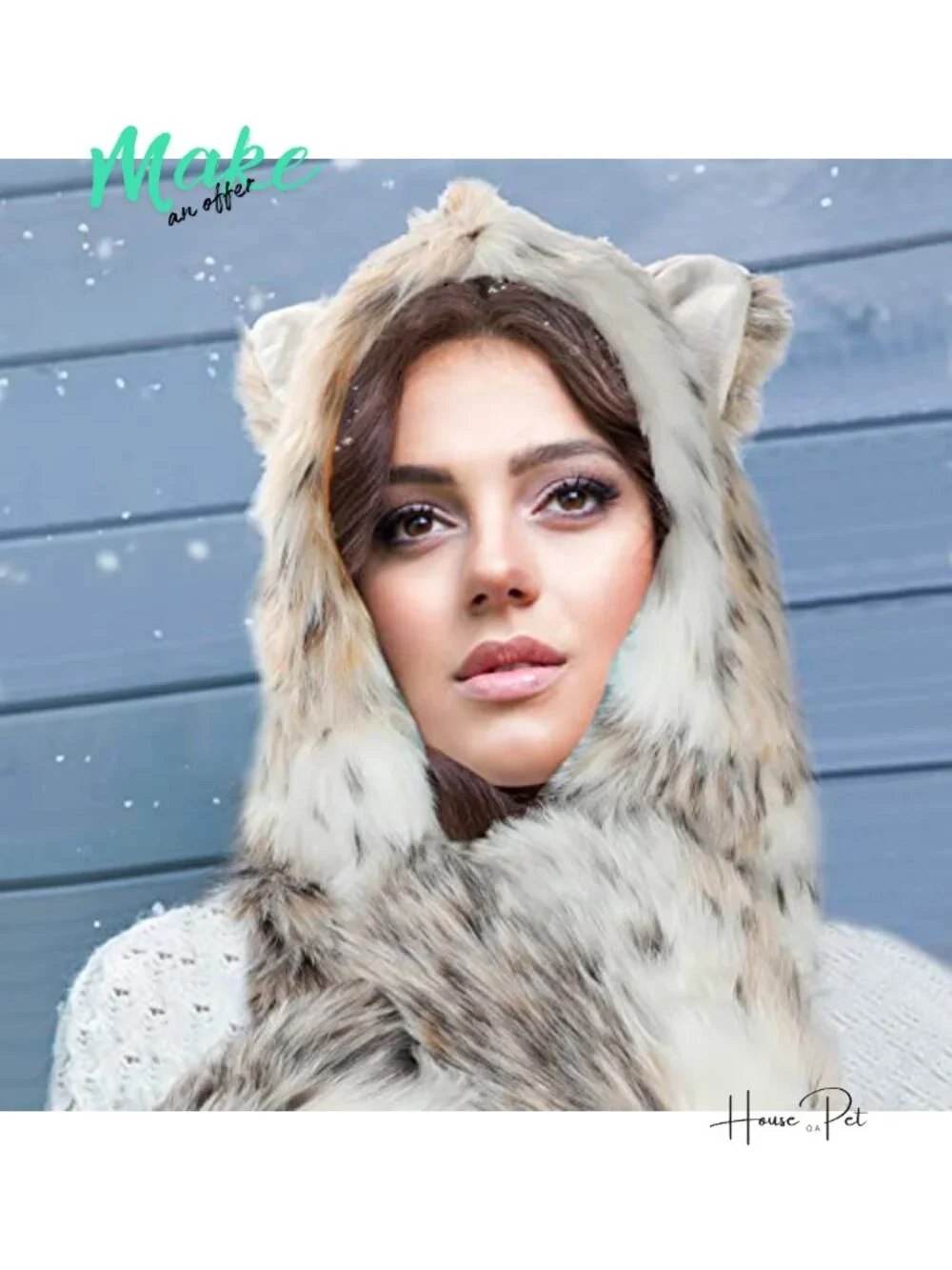 Faux Fur Animal Hooded Scarf with Paw Mittens Winter Warm Plush Beanie